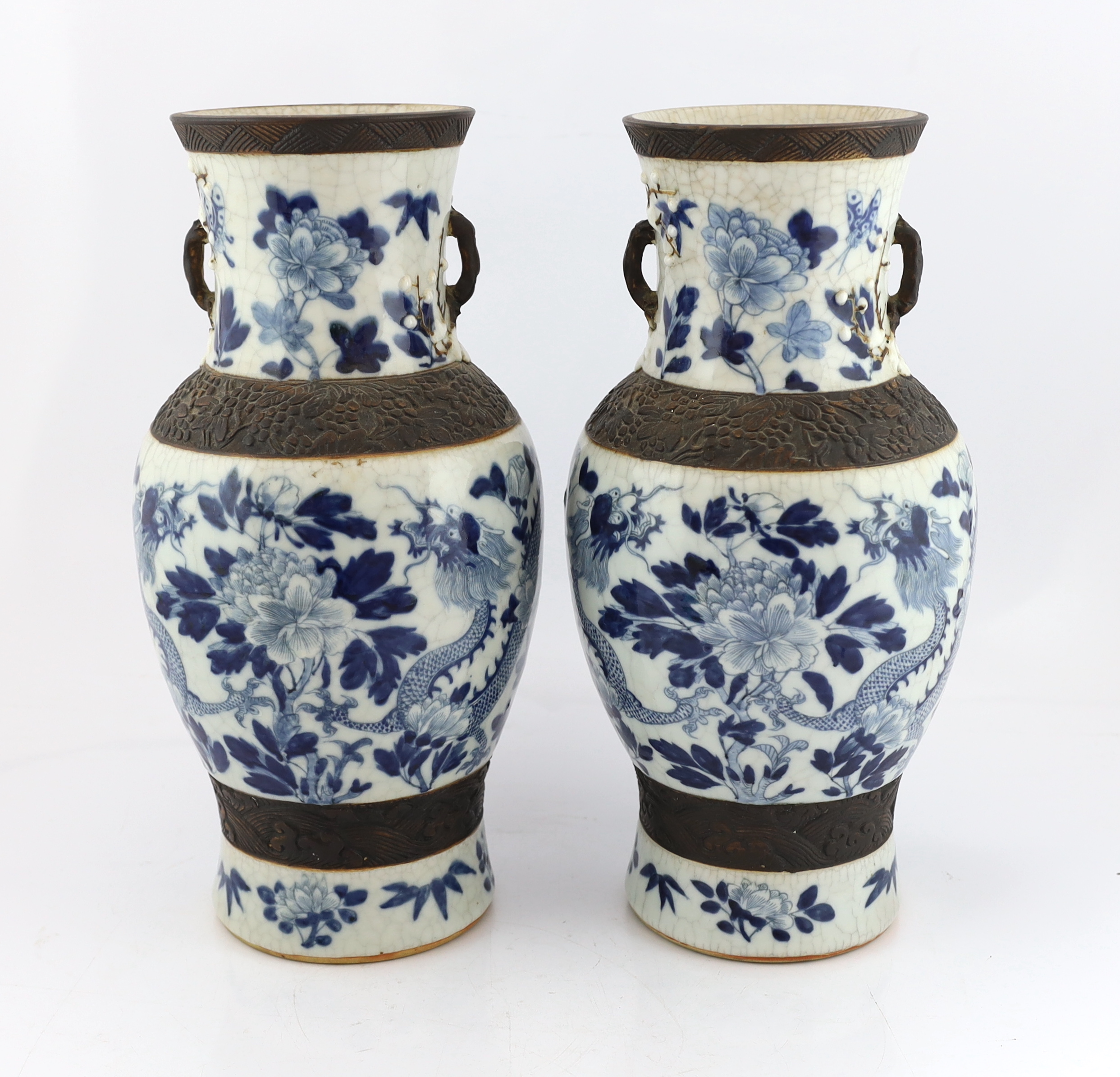 A pair of large Chinese blue and white crackle-glaze ‘dragon’ vases, early 20th century